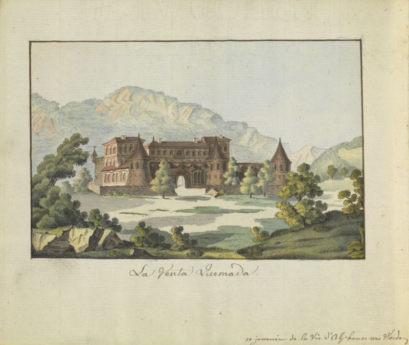 La Venta Quemada, [After 1814] Watercolor on paper for the [Manuscrit trouvé à Saragosse] | Non-autograph manuscript notebook titled The Ten Days of the Life of Alphonse Van Worden | containing the foreword and the first ten days