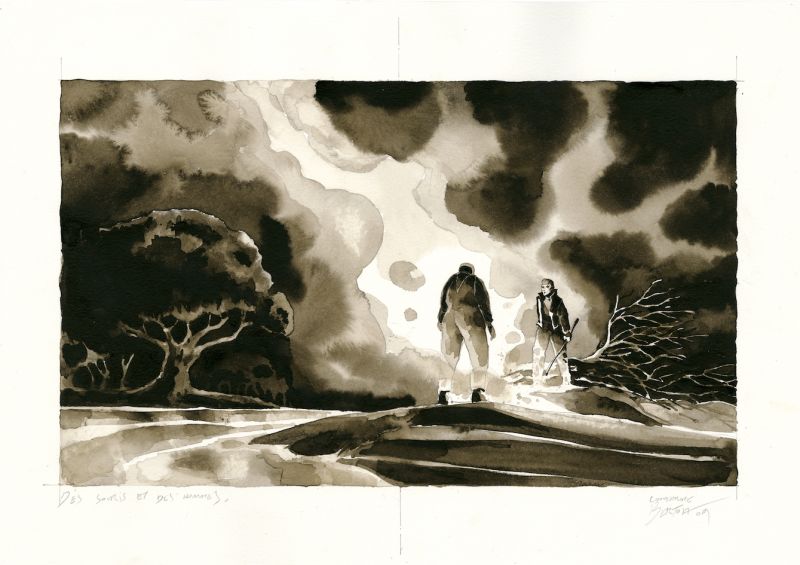 Planche originale d’après Des souris et des hommes de John Steinbeck, 2009, fusain, lavis de sépia, lavis et encre de Chine sur papier © Carinne et Numa Bertola