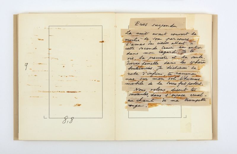 « Éros suspendu », 1972, Poème autographe dans la maquette de La nuit talismanique, ouvrage édité par Albert Skira Bibliothèque cantonale et universitaire – Lausanne © Succession René Char
